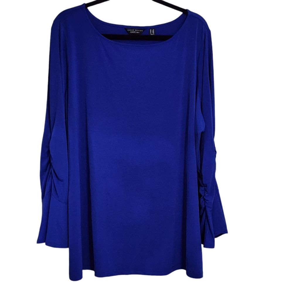 Susan Graver Every day top blue ruched bell sleeve blouse 2X